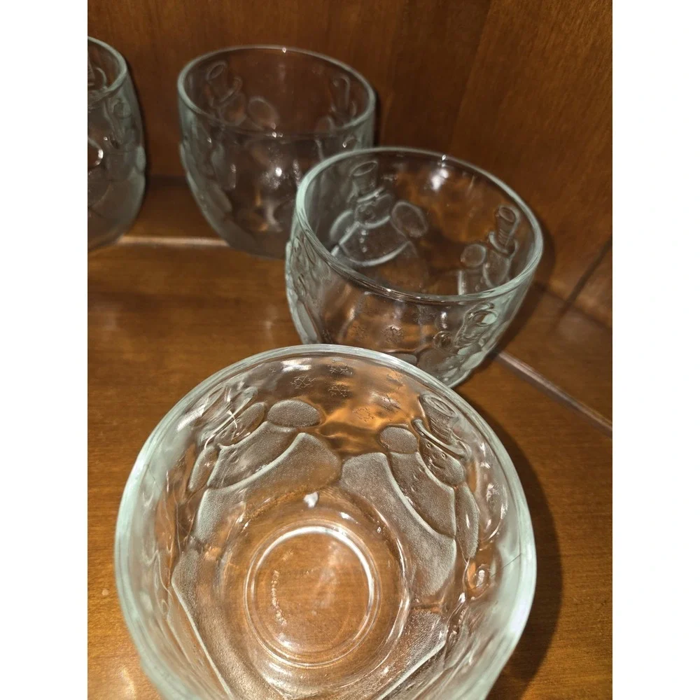 6pc Clear Glass Snowman Embossed Tumblers Set Round Vintage  10 oz